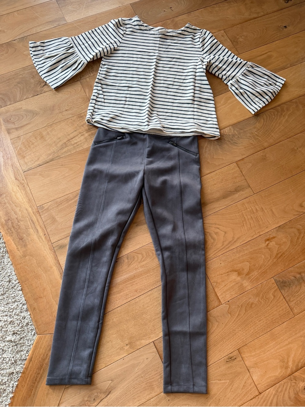 Old Navy Striped Bell-Sleeve Top, Gray Pants in faux suede, girls size 14